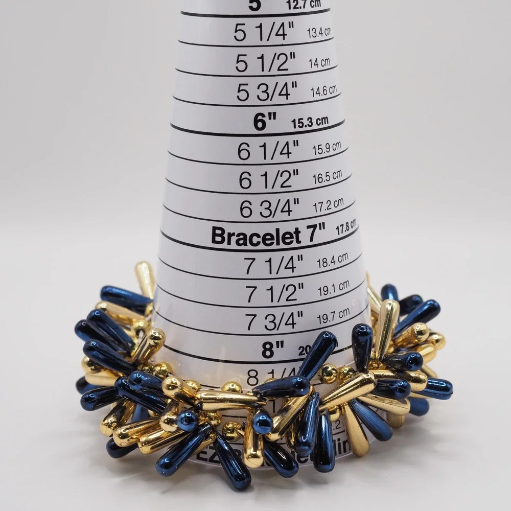Bracelet Blue Gold Metallic Cluster Plastic Bead Stretch Statement Pom Pom Cheer